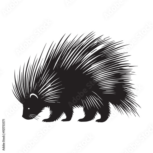 Porcupine silhouette, Porcupine Rodent Clipart, A Sniffing Ground porcupine illustration in black and white