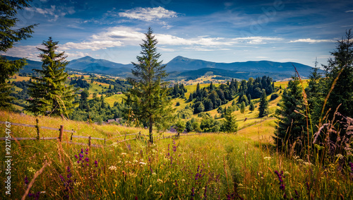 Nice summer scene of mountain countryside. Wonderful morning view of Carpathian mountains with Petros peak on background, Ukraine. Great outdoor scene of mountain village spreads on the green hills. photo