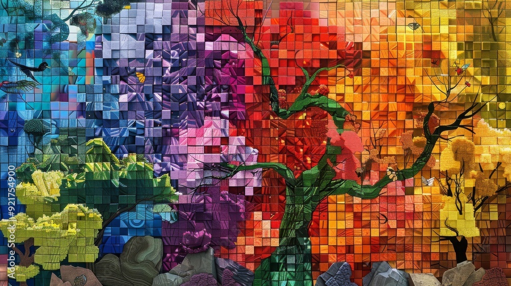 Fototapeta premium A vibrant and colorful abstract mural featuring a large tree with a mosaic of colors representing different seasons and emotions. The artwork evokes a sense of wonder and creativity. 