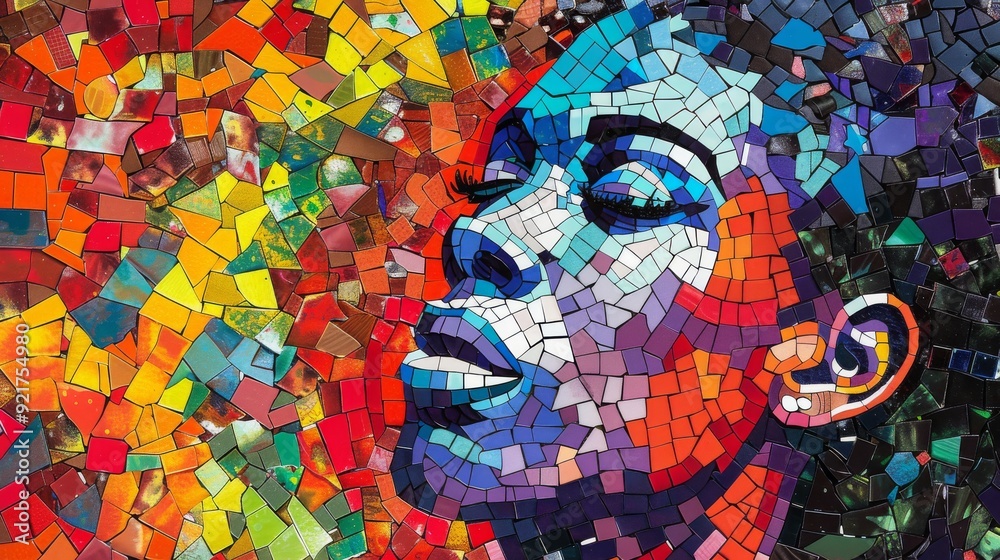 Fototapeta premium A vibrant mosaic artwork depicting a woman's face, showcasing a range of colors and intricate patterns, evoking a sense of beauty and strength.