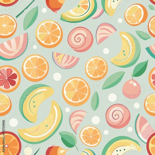 Seamless pattern of pastel-colored sorbet swirls and fruit slices