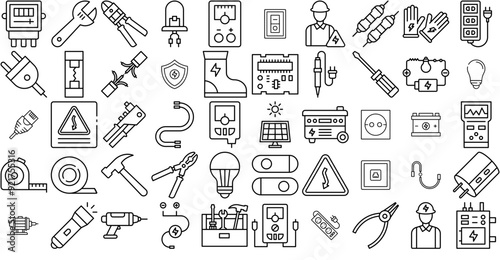 Set Of Linear Electrician Tools Icons Collection Isolated Silhouette Solid Icons Including Electricity,Switch,Electric,Cable,Electrician Vector Icon Set Linear Pictogram Pack