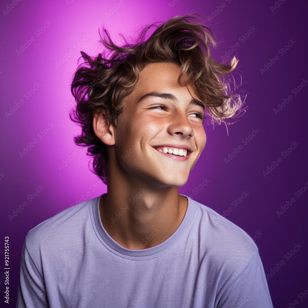 A cheerful young man with tousled hair and a bright smile is set against a vibrant purple background, Suitable for youth-oriented marketing, lifestyle blogs, and happiness-themed content,