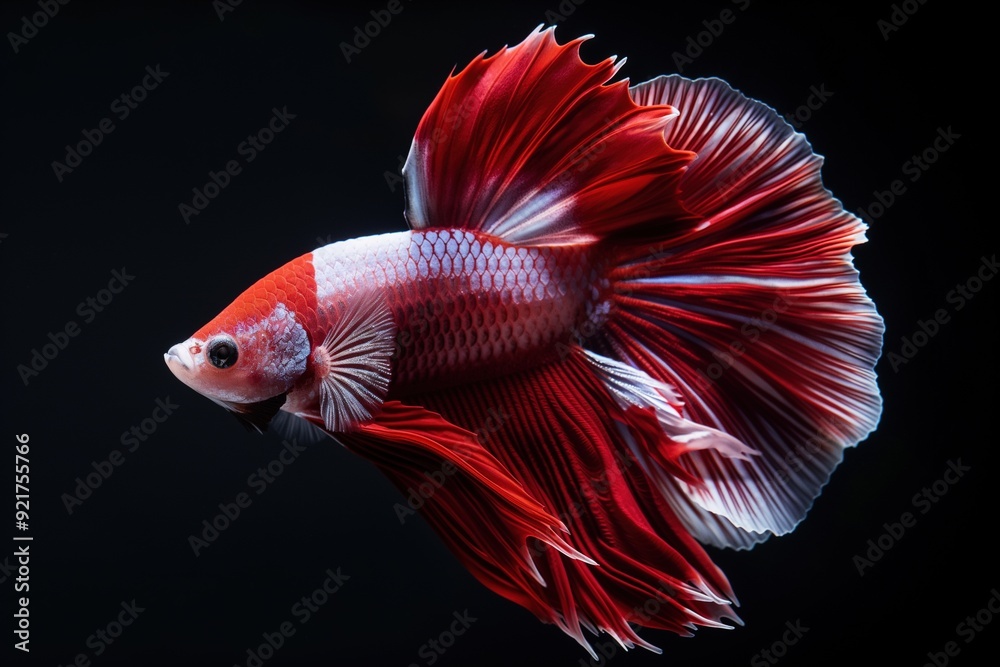 Red and white Siamese fighting fish with long flowing fins against a black background. Red and white Siamese fighting fish with long flowing fins against a black background.