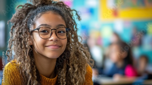 A smiling young girl with curly hair and glasses sits in a bright, colorful classroom environment, exuding confidence and positivity, ideal for educational and diversity-themed projects,