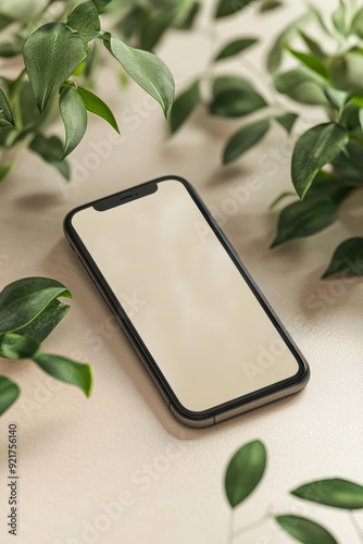 Smartphone with a blank screen lies on a white surface surrounded by green leaves, suitable for mockups, digital presentations, and nature-inspired tech themes, photo