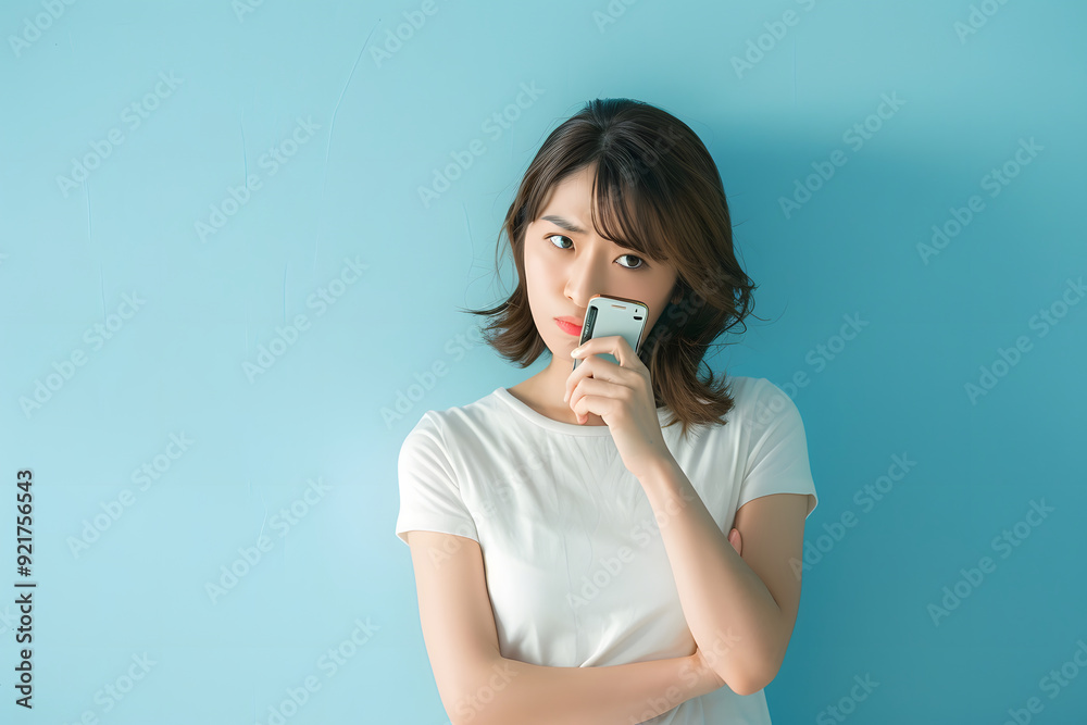 女性が心配そうな表情でスマホを見つめている 女性が心配そうな表情でスマホを見つめている
