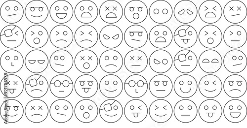 Set Of Emoji Faces 1 Thin Icons Web Header Banner Design Containing Gold,Emotion,Expression,Emoji,Face Outline Icons Collection. Simple Vector Illustration