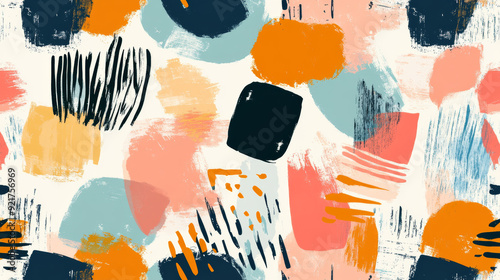 Colorful abstract pattern with hand-drawn geometric shapes and brushstrokes, perfect for posters, cards, fabrics, wallpaper, and gift wrap.