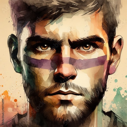  Emotional Close up Watercolor portrait of a player's face showc photo