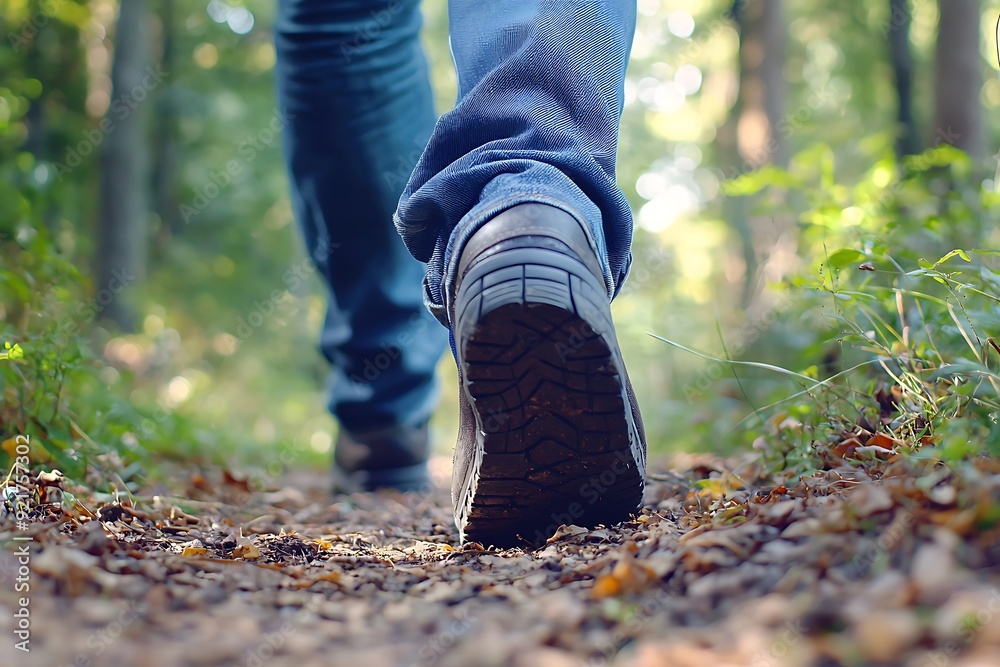 Low angle shot of a person's foot walking on a forest path with dry leaves. Low angle shot of a person's foot walking on a forest path with dry leaves.