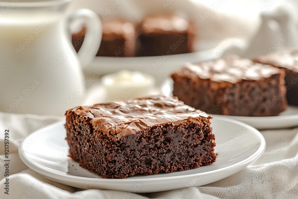A single fudgy brownie with a shiny chocolate glaze sits on a white plate surrounded by other brownies and a pitcher of milk. A single fudgy brownie with a shiny chocolate glaze sits on a white plate surrounded by other brownies and a pitcher of milk.