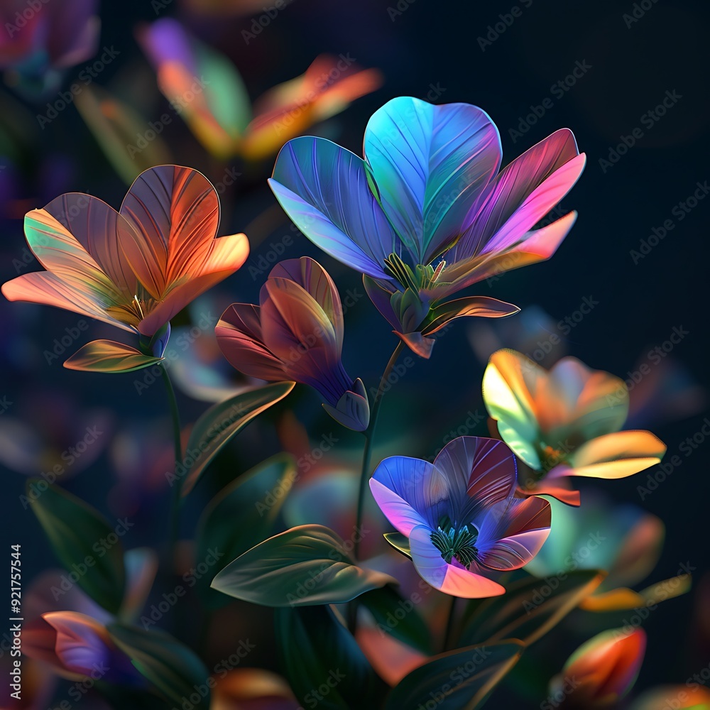 Colorful fantasy flowers, detailed 3D rendering, close-up focus on petals and buds, vibrant colors against a dark background