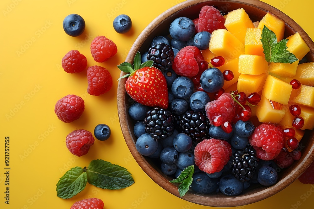 Fresh Mixed Berries and Mango in Wooden Bowl on Yellow Background for Healthy Eating Concept Fresh Mixed Berries and Mango in Wooden Bowl on Yellow Background for Healthy Eating Concept