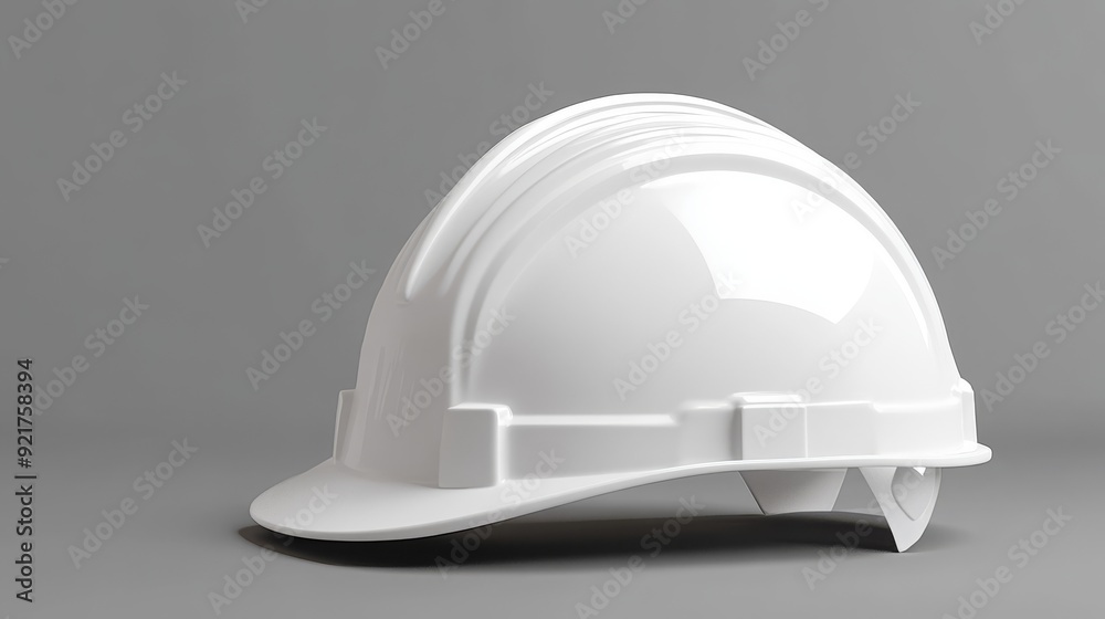 A white hard hat with a slight curve sits on a grey surface. A white hard hat with a slight curve sits on a grey surface.