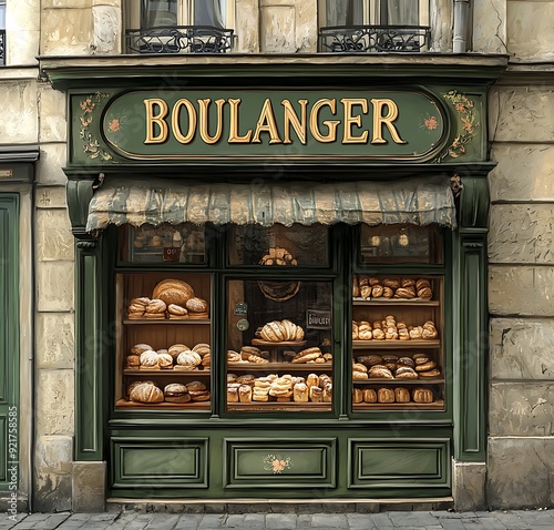 Wallpaper Mural A charming Parisian bakery with a green facade and a window display full of fresh bread. Torontodigital.ca