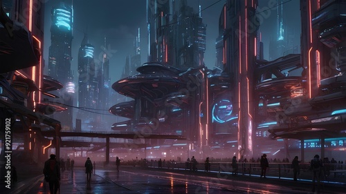 A dark, futuristic metropolis illuminated by neon signs, where characters with cybernetic enhancements and sleek, futuristic outfits dominate the cityscape. photo