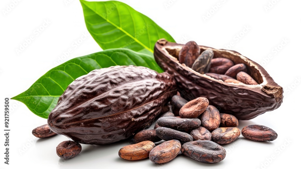 roasted cocoa beans In the shell and dried cocoa fruit there are green leaves. isolated on a white background. roasted cocoa beans In the shell and dried cocoa fruit there are green leaves. isolated on a white background.