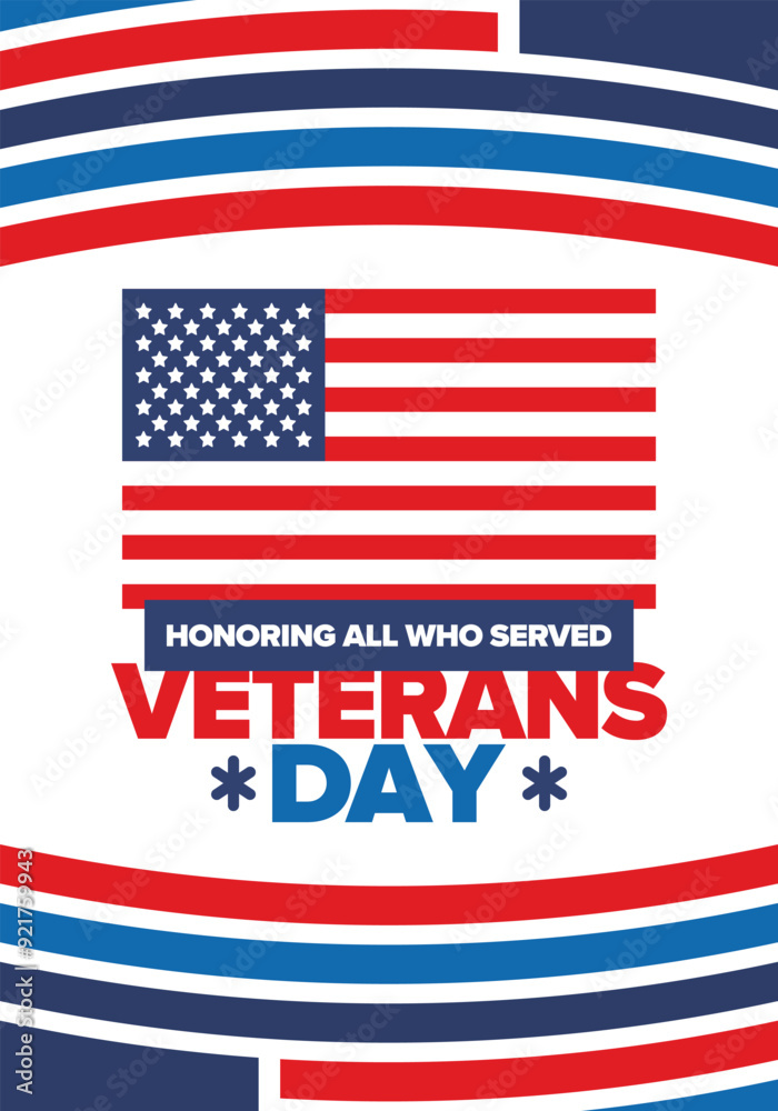 Fototapeta premium Veterans Day in United States. Federal holiday, celebrated annual in November 11. Honoring all who served. Patriotic american military concept. Poster, card, banner and background. Vector illustration