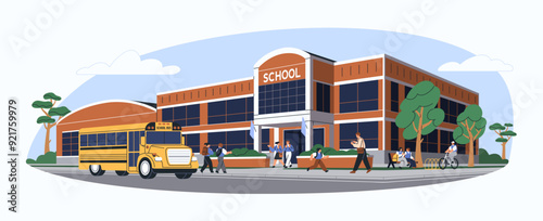 School house building with yellow bus in front of entrance. Children students walking on street, outdoors to schoolhouse. Kids at schoolyard. Flat vector illustration isolated on white background