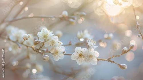 Delicate white blossoms glisten with dew, evoking a sense of tranquility and renewal. Soft bokeh enhances the serene atmosphere. 