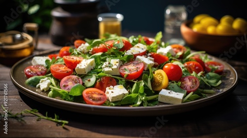 Fresh salad with mixed greens, cherry tomatoes, and feta cheese