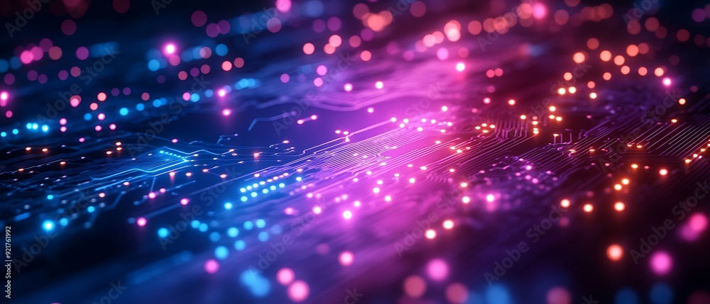 Fototapeta premium Abstract circuit board with glowing neon lights.