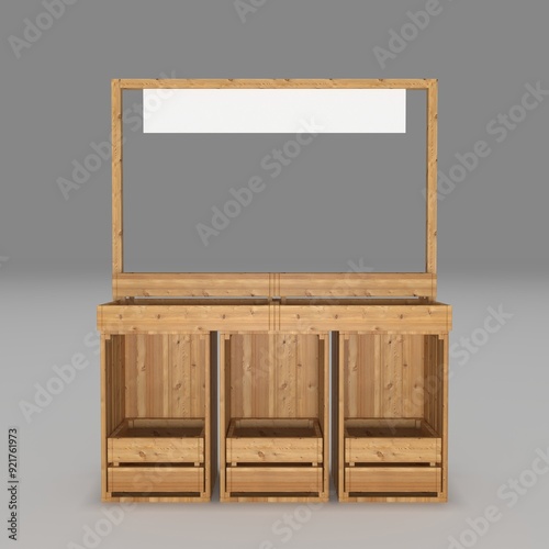 Fototapeta Naklejka Na Ścianę i Meble -  3d illustration display rack box food beverages wood construction stand booth with blank space logo company for kiosk sell market street portable movable. Image background isolated.