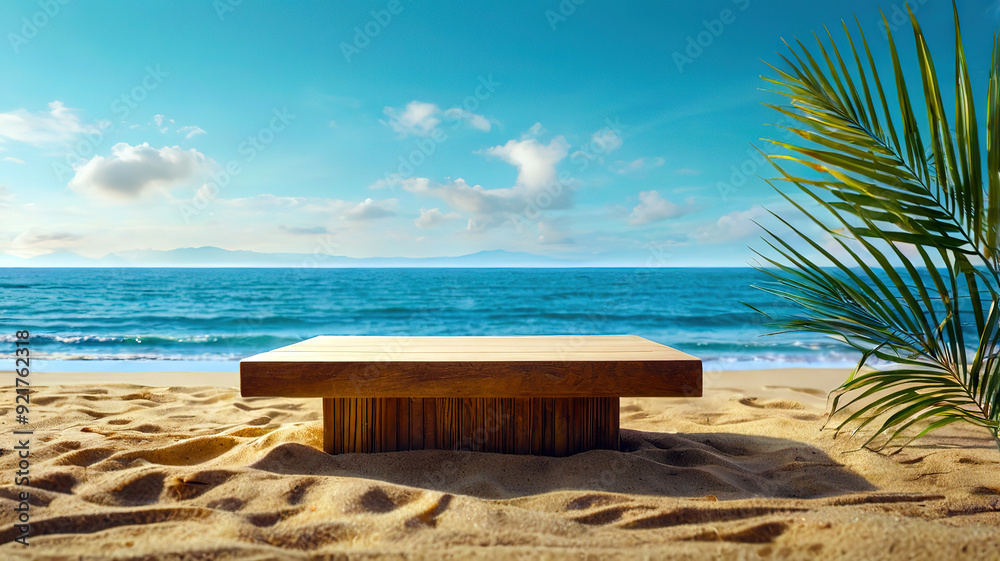 Fototapeta premium Beach Empty Podium with palm tree, summer product background 