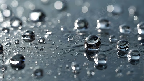 Close-up of crystal-clear water droplets resting on a smooth, reflective surface, catching the morning light 