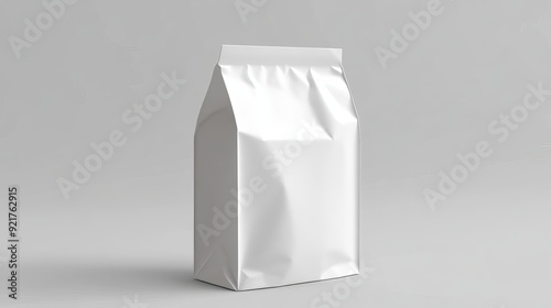 A white, empty, stand-up pouch with a sealed top sits on a white background.