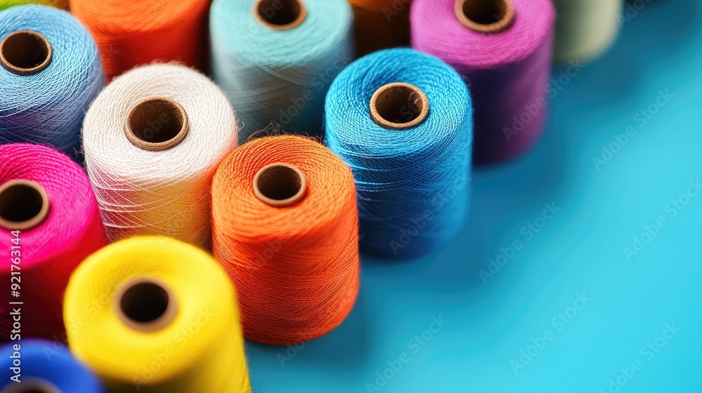Close-up of a collection of thread spools on a bright blue background, showcasing their vivid colors.