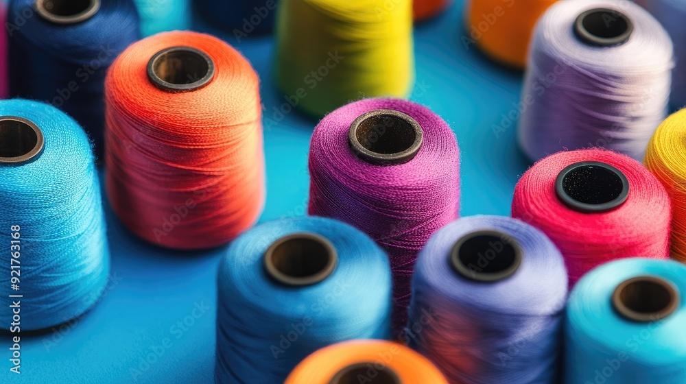 Close-up of a collection of thread spools on a bright blue background, showcasing their vivid colors. Close-up of a collection of thread spools on a bright blue background, showcasing their vivid colors.
