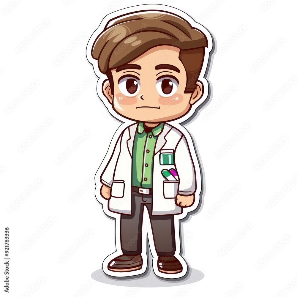A cartoon character of a doctor in a lab coat with a neutral expression. A cartoon character of a doctor in a lab coat with a neutral expression.