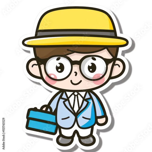 A cheerful cartoon character in a suit and yellow hat, holding a briefcase.