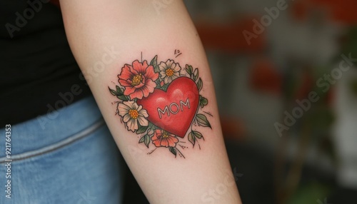 A vibrant red heart tattoo adorned with flowers and the word mom on a forearm