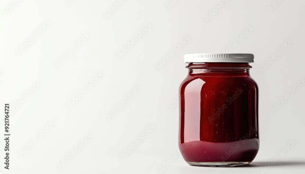 Jar of homemade fruit jam against a light background, showcasing rich color and texture Jar of homemade fruit jam against a light background, showcasing rich color and texture