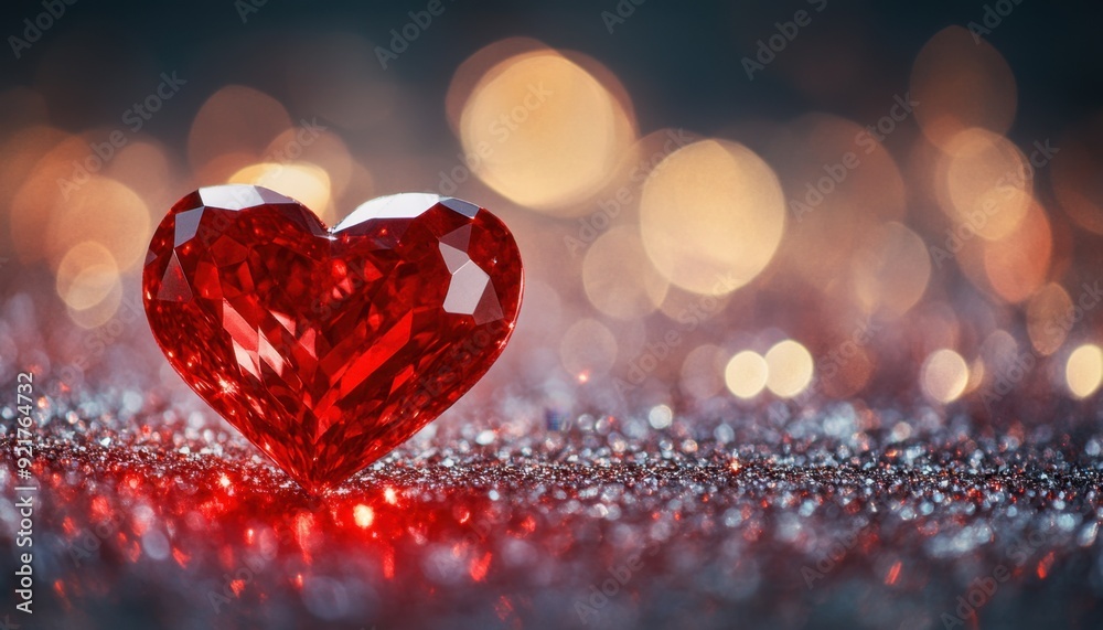 Red gemstone heart on sparkling background with soft bokeh lights at night Red gemstone heart on sparkling background with soft bokeh lights at night