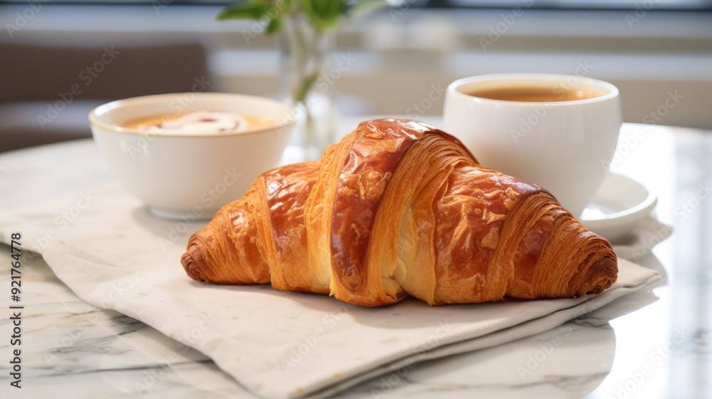 Freshly baked croissants on a marble countertop with a cup of coffee Freshly baked croissants on a marble countertop with a cup of coffee