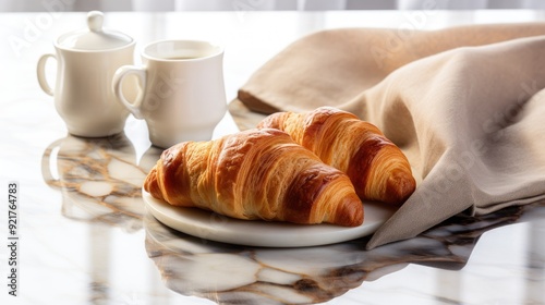 Freshly baked croissants on a marble countertop with a cup of coffee