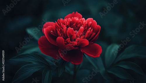 Bright red peony blooming amidst dark foliage in a tranquil garden