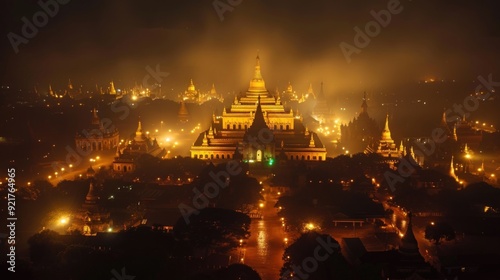 Panorama of Bagan at night with the golden pagoda of Shwezigon