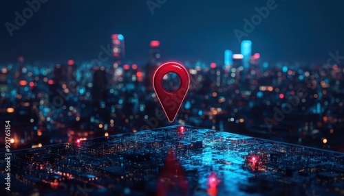 Digital cityscape at night with a location pin above a glowing urban landscape