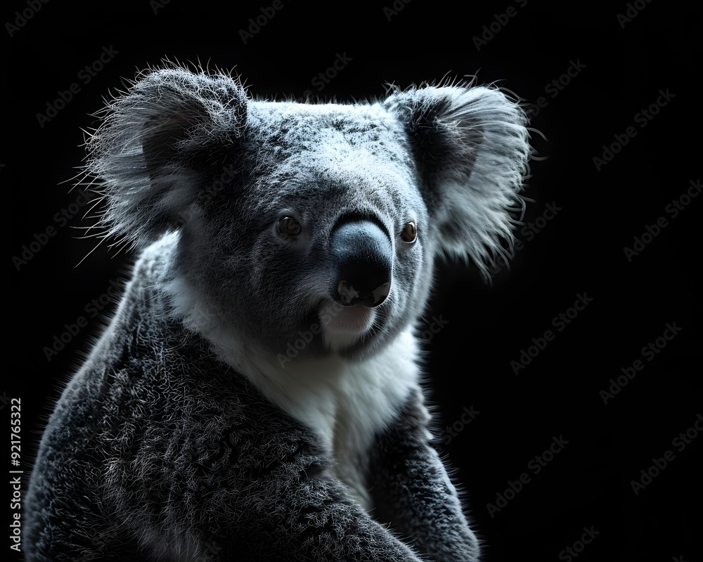 Fototapeta premium Neon Koala Sitting Calmly on Dark Background with Copy Space