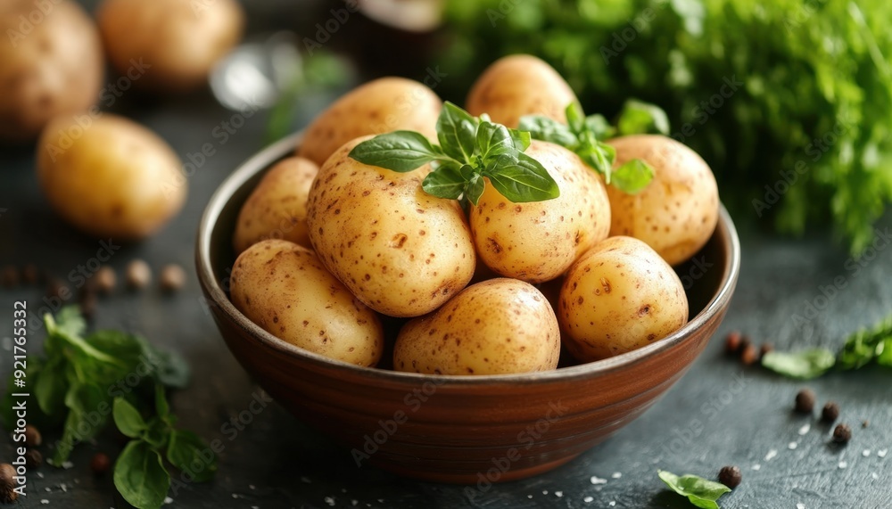 Freshly harvested potatoes in a rustic bowl with herbs on a dark kitchen countertop Freshly harvested potatoes in a rustic bowl with herbs on a dark kitchen countertop