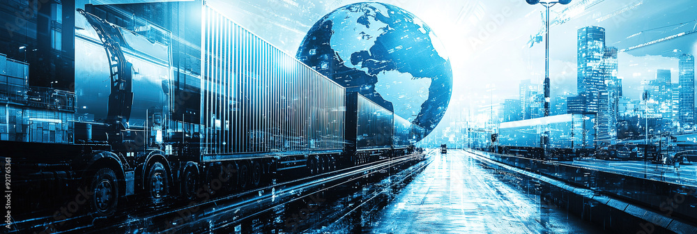 Obraz premium Logistics concept. Multiple exposure of different transports and world globe, toned in blue 