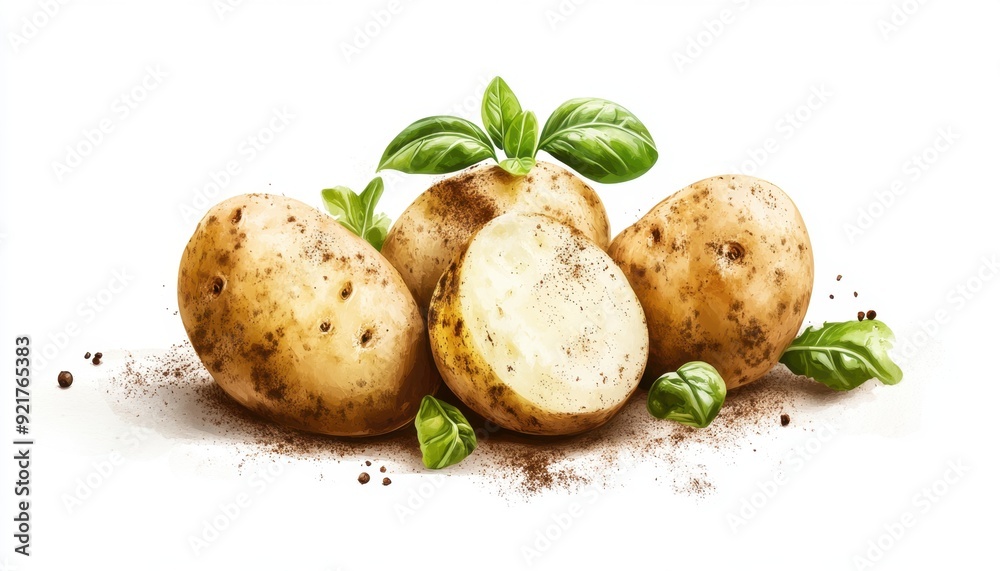 Freshly harvested potatoes with soil and green leaves on a white background Freshly harvested potatoes with soil and green leaves on a white background