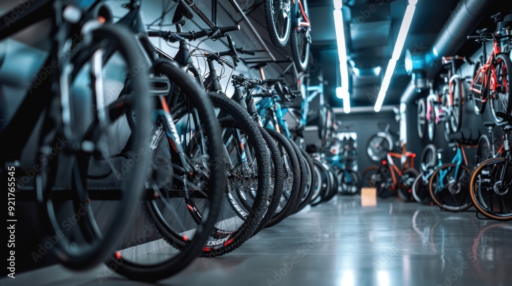 Bicycle sales showroom, in the middle of the showroom there is a large and bright display area displaying various types of bicycles Bicycle sales showroom, in the middle of the showroom there is a large and bright display area displaying various types of bicycles