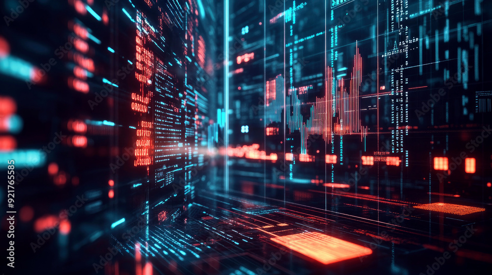 Fototapeta premium Abstract digital background with glowing lines and data streams in red and blue colors.