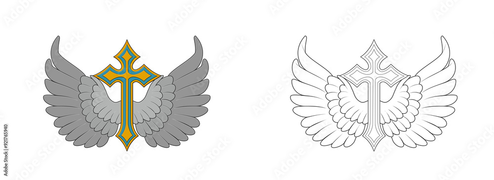 Obraz premium Wings and cross, tattoo design, line work completed, transparent background 건대타투, 문신도안, 날개, 십자가